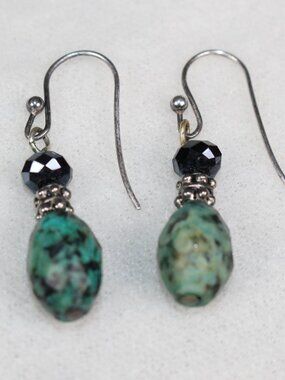Beautiful African Turquoise & Black Faceted Bead Dangle Earrings